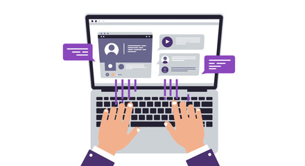 Person Typing on Laptop with Chat Bubbles and Interface.
