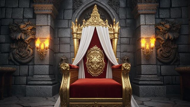 A luxurious red and gold throne chair in a castle.