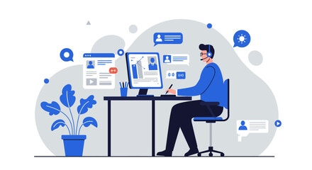 Customer Service Representative Working at Computer Desk.