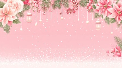 Pastel pink Christmas banner with a dreamy snowy gradient. Top decorated with blush poinsettias, soft roses, pine sprigs, and frosted pink berries. Tiny hanging lantern lights and pearl ornaments.