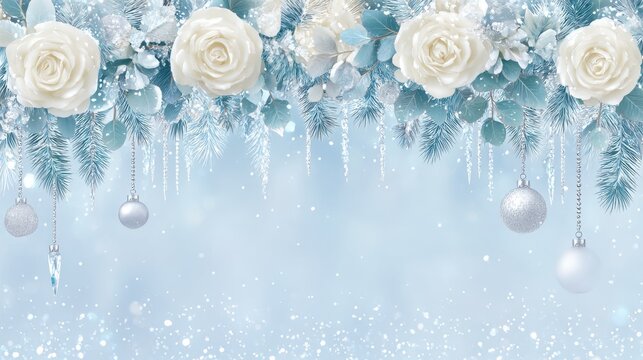 Icy white and frosty blue Christmas banner with a delicate floral top border of white roses, silver leaves, frosted eucalyptus, and snowy pine. Crystal icicle ornaments and silver baubles hanging