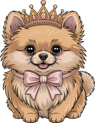 Cute Fluffy Pomeranian Dog with Crown and Pink Bow  Vector Illustration