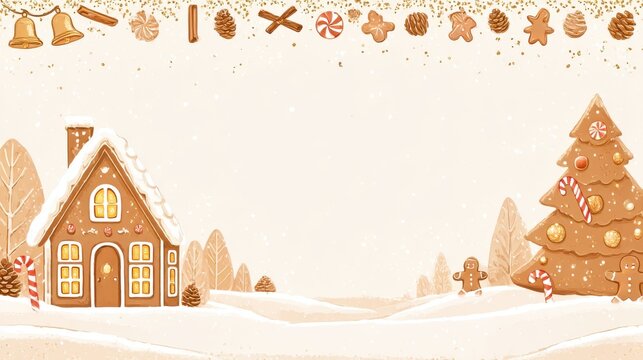 Warm brown and caramel Christmas banner background in horizontal layout. Top border decorated with golden bells, cinnamon sticks, pine cones, tiny gingerbread cookies, and soft warm fairy lights. 