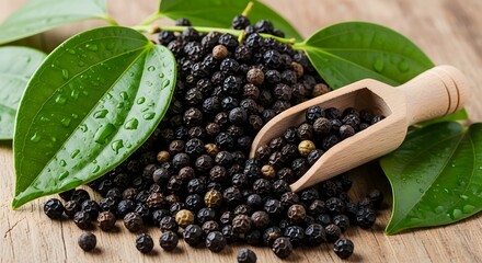 Black pepper spice peppercorns leaves wooden spoon ingredient cooking aromatic flavor culinary condiment food