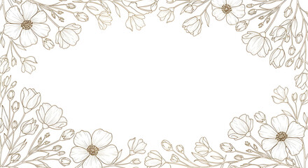 Elegant hand-drawn floral border with delicate flower outlines and an empty central space on a white background.
