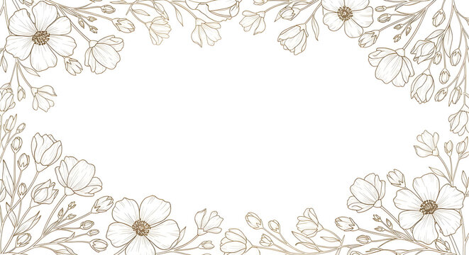 Elegant hand-drawn floral border with delicate flower outlines and an empty central space on a white background.