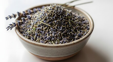 Fototapeta premium Lavender dried flowers in bowl aromatherapy spa relaxation herbal remedy fragrance purple wellness calming