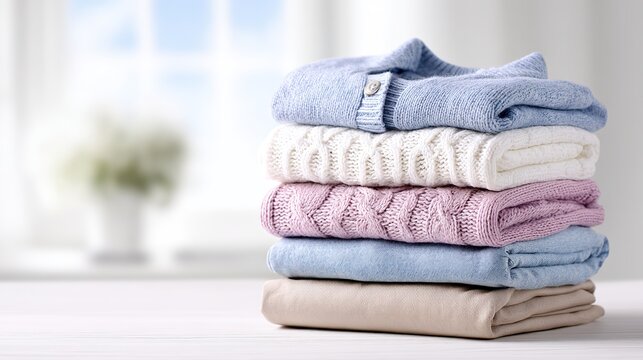 Folded winter clothes stack with sweaters and pants on a clean white background with blank space, suitable for fashion, apparel display, online store layout, and minimalist product advertising