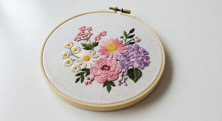 Vibrant hand embroidered floral design on white fabric with soft natural light creating a delicate aesthetic. AI Generated
