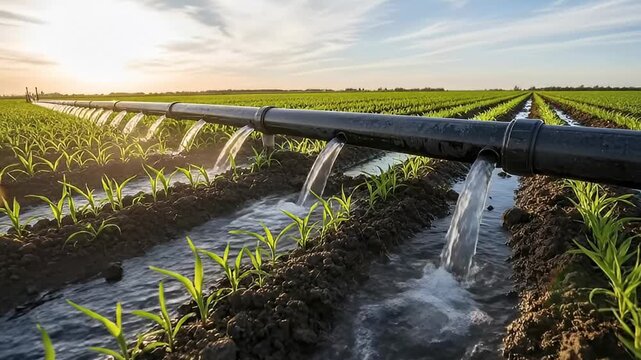 A vast agricultural field stretches into the distance under a bright sky, featuring rows of healthy young crops thriving in rich, dark soil. An advanced irrigation system delivers essential water, wit