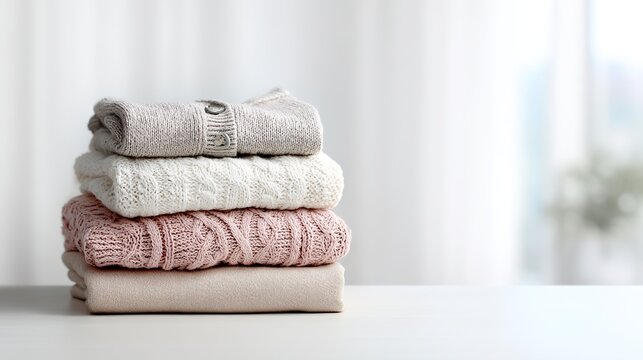 Folded winter clothes stack with sweaters and pants on a clean white background with blank space, suitable for fashion, apparel display, online store layout, and minimalist product advertising