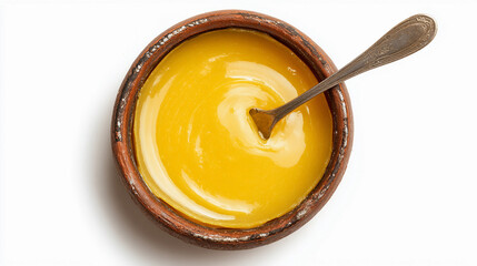 Golden clarified butter or ghee in a rustic bowl with a spoon, isolated on white background