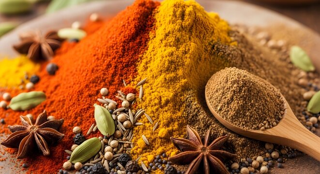 Colorful spices turmeric paprika curry powder anise cardamom cumin seeds flavor aroma kitchen food dish