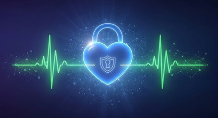 Heartbeat Security - Digital Heart with Padlock and Pulse Line.