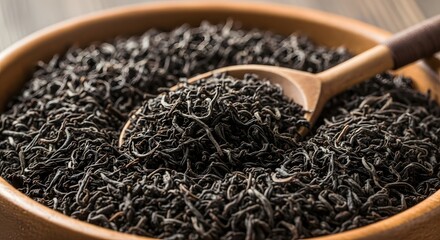 Aromatic black tea leaves in wooden bowl with spoon for brewing a perfect cup of tea drink time