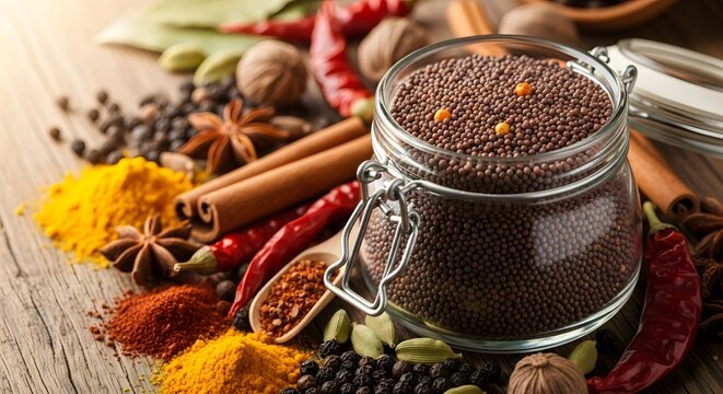 Assorted spices mustard seeds cinnamon star anise cardamom pepper turmeric chili for cooking flavor aroma - Powered by Adobe