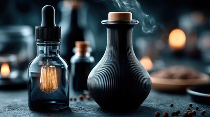 A close-up shot of two bottles on a dark surface. One is a clear glass dropper bottle containing a glowing Edison-style light bulb. Next to it is a ribbed black