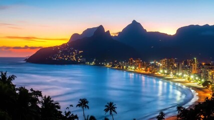 Coastal twilight vista with mountain silhouettes, city lights, and ocean reflections at dusk