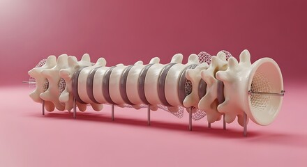 Human Spine Model on Pink Background - Anatomical Study.
