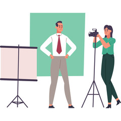 Man Poses Confidently for Professional Photo Shoot with Photographer Adjusting Camera and Screen Stand Nearby in a Studio Setting Neutral Background