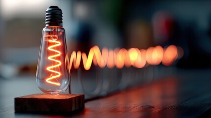 A vintage Edison light bulb with a glowing spiral filament sits on a dark wooden base. The background features a soft, blurred bokeh effect of warm orange light