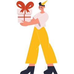 Joyful Person Wearing Party Hat Carries Wrapped Gift Box With Red Ribbon In A Celebratory Pose Standing Against A White Background