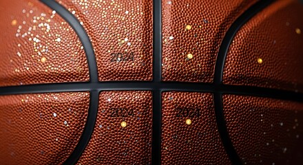 Extreme close up of a textured orange basketball surface showing intricate details and seams under dramatic lighting