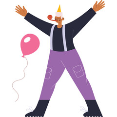 Joyful Person In Party Hat And Suspenders Wearing Purple Pants And Dark Shirt Blowing Party Blower With Pink Balloon Floating On Transparent Background