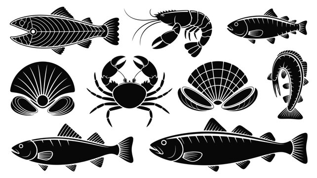 Marine life fish and seafood vector icons