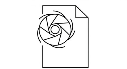 Modern line art icon of a digital document file with a camera aperture symbol, ideal for photo editing software or multimedia applications.