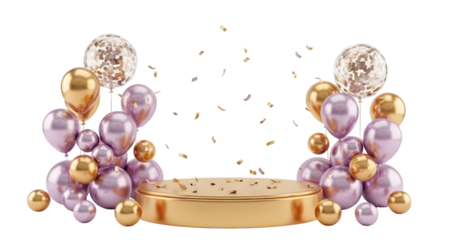 Golden circular podium with festive balloons and confetti, isolated on white