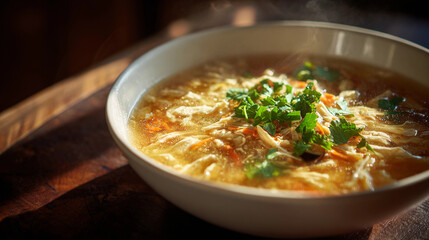 Warm and hearty steaming bowl of homemade chicken noodle soup with fresh cilantro and vegetables