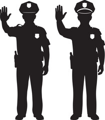 Two police officers silhouette signaling stop gesture