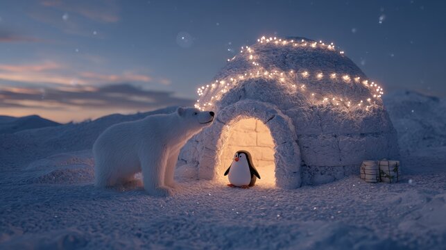 Polar Bear and Penguin in Snowy Igloo Scene with Christmas Lights During Twilight