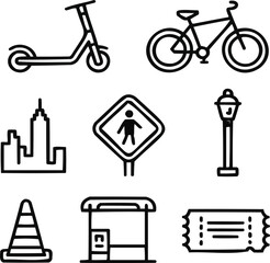 Urban Mobility Outline Icon SetCity Transport and Street Elements