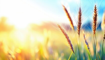 Close-up view of golden wheat stalks swaying gently in a field during a vibrant sunrise. Soft bokeh lights and a clear blue sky create a serene and warm atmosph
