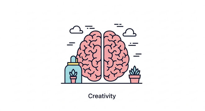 Conceptual illustration of creative thinking, human brain, and idea generation, nurturing innovation, growth, and mental development