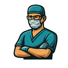 An illustrated surgeon wearing a mask, cap, and scrubs, representing a medical professional.
