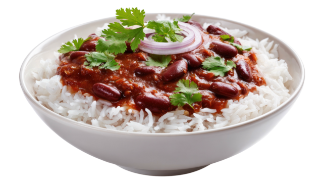 Rice bowl topped with kidney beans, cilantro, and onion slices
