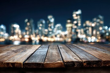 Wooden table with city backdrop at night. High quality