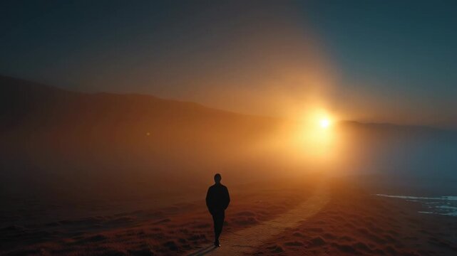 Silhouette of a Person Walking Towards the Light at Sunset.