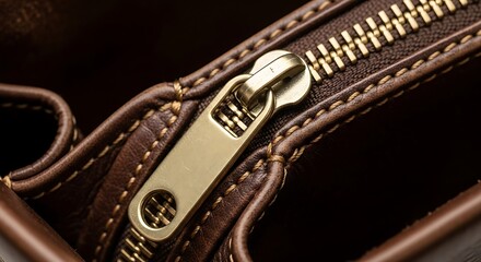 Close up view of a metallic zipper on a rich brown leather bag with intricate stitching details
