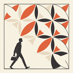 Silhouette of a Person Walking with Geometric Floral Pattern