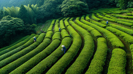 Fototapeta premium Workers harvesting fresh tea leaves in a vibrant green terraced plantation under sunlight