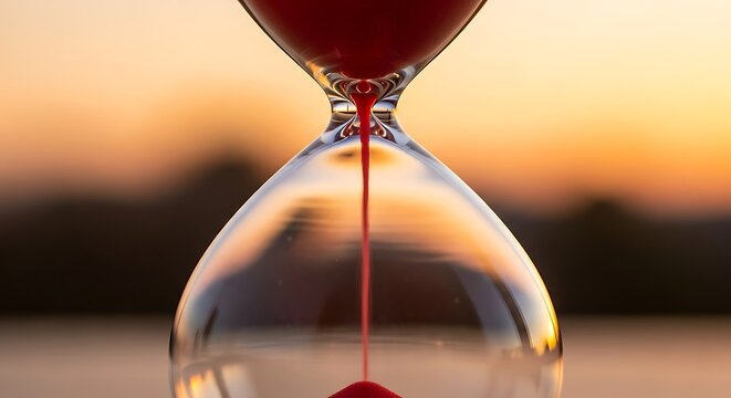Close up of an hourglass with red sand flowing during a warm sunset symbolizing the passage of time