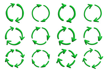 Set of 3d recycle arrow icon Recycling resources symbol Reuse of materials, zero waste, green environment, saving the planet
