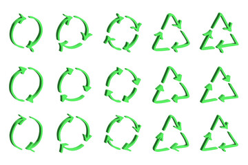 Set of 3d recycle arrow icon Recycling resources symbol Reuse of materials, zero waste, green environment, saving the planet