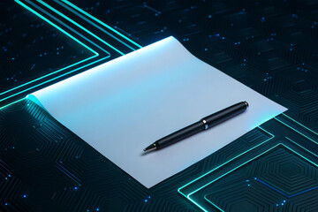 Blank paper with a pen on a circuit board background, business and technology concept