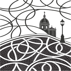 Stylized cityscape with dome and street lamp architecture