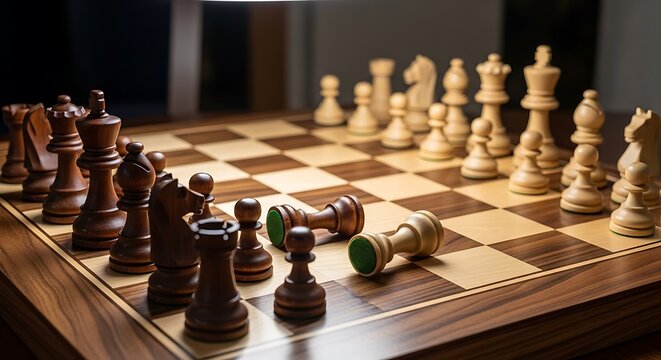 Intense wooden chess game with fallen pieces on the board showcasing strategic battle and tactical play - Powered by Adobe